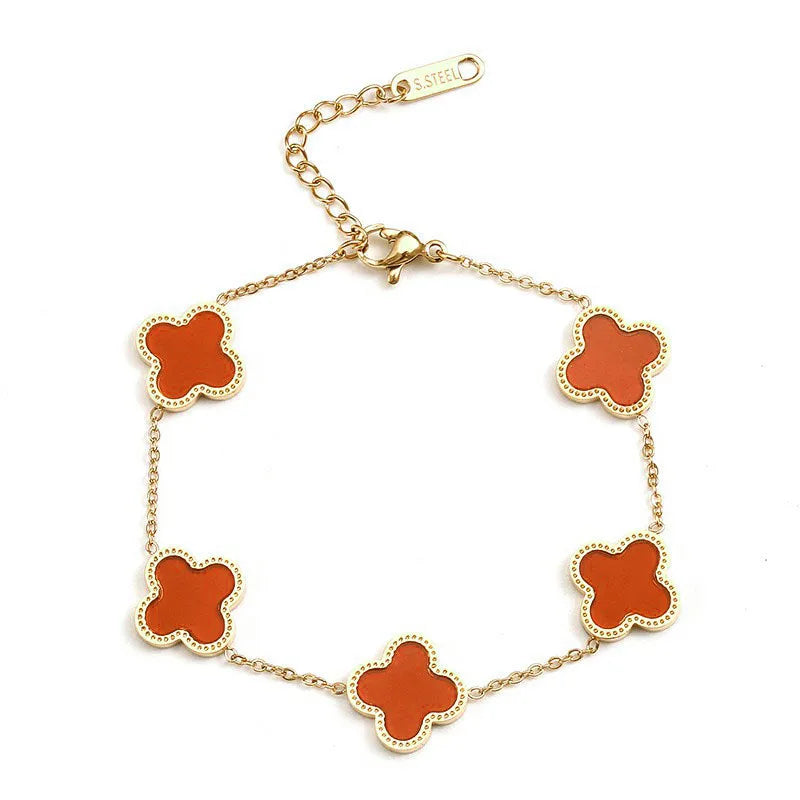 Luxury Gold Stainless Steel Lucky Flower Shape Bracelet Minimalist Red Four-Leaf Metal Chain Bracelet for Women