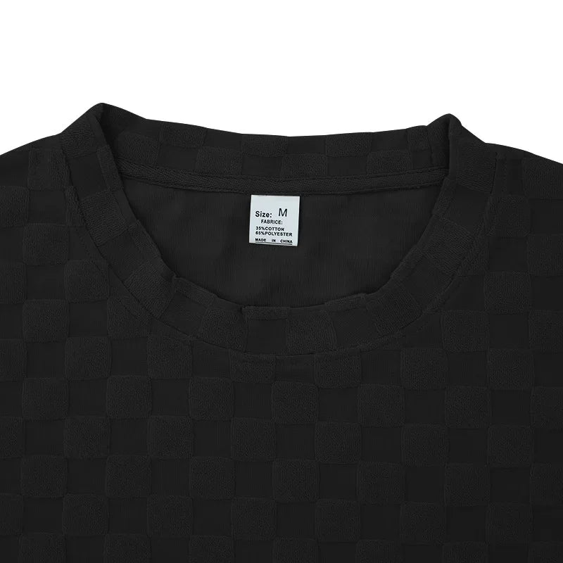 Men's Sports Suit Summer New Korean High Street Jacquard Plaid T-shirt Shorts Two-piece Set Male Casual Retro Loose O-neck Top