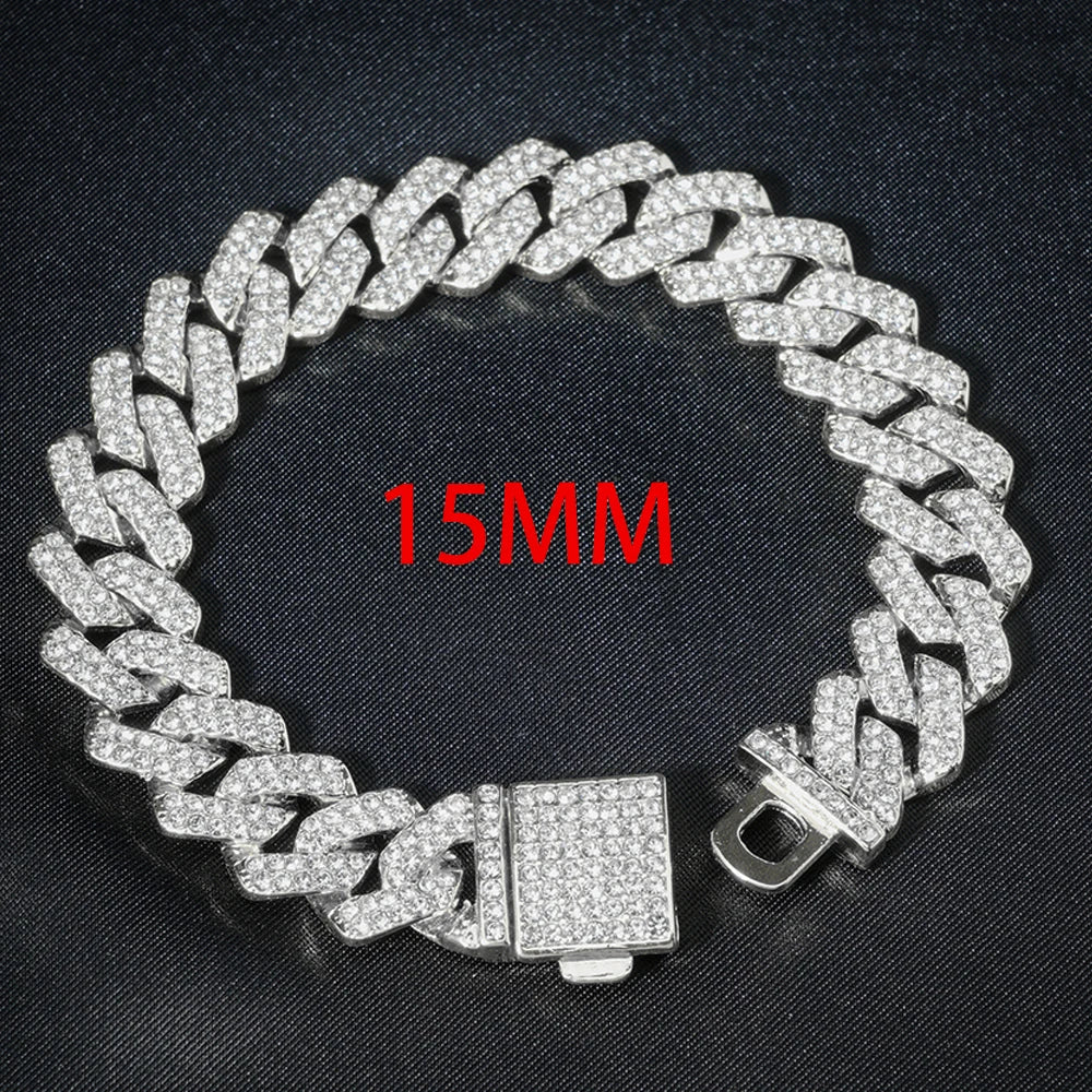 Hip Hop 15mm Cuban Link Chain Bracelet For Men Silver Color Iced Out Rhinestone Miami Bracelets Punk Women with Box Clasp Gift