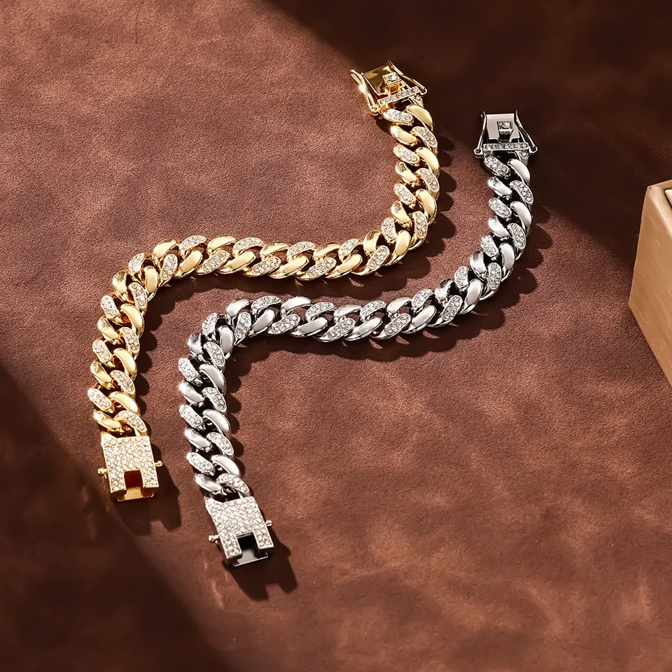 ZAKOL Hip Hop Cuban Chain Women Mens Bracelet Full Shiny Rhinestone Stone Miami Cuban Chain Bracelets Fashion Jewelry