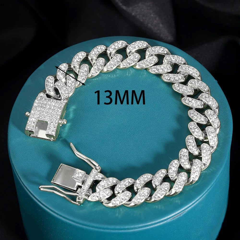 Hip Hop 15mm Cuban Link Chain Bracelet For Men Silver Color Iced Out Rhinestone Miami Bracelets Punk Women with Box Clasp Gift