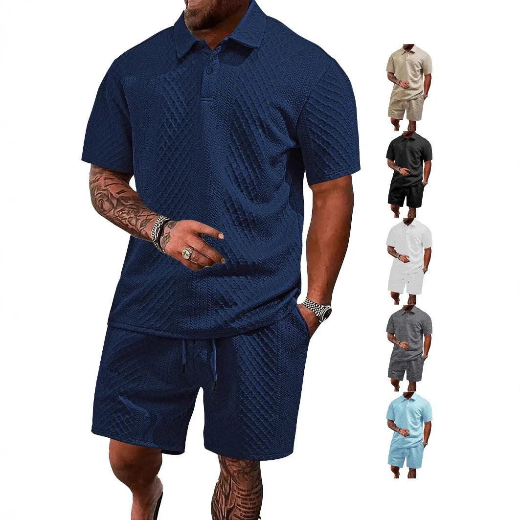 Cross-Border Men's Clothing Summer European and American New Jacquard Cloth Men's Casual Sports Thin Lapel Polo Shirt Short-Sleeved Suit Fabric Breathable and Comfortable Perfect for Daily Wear