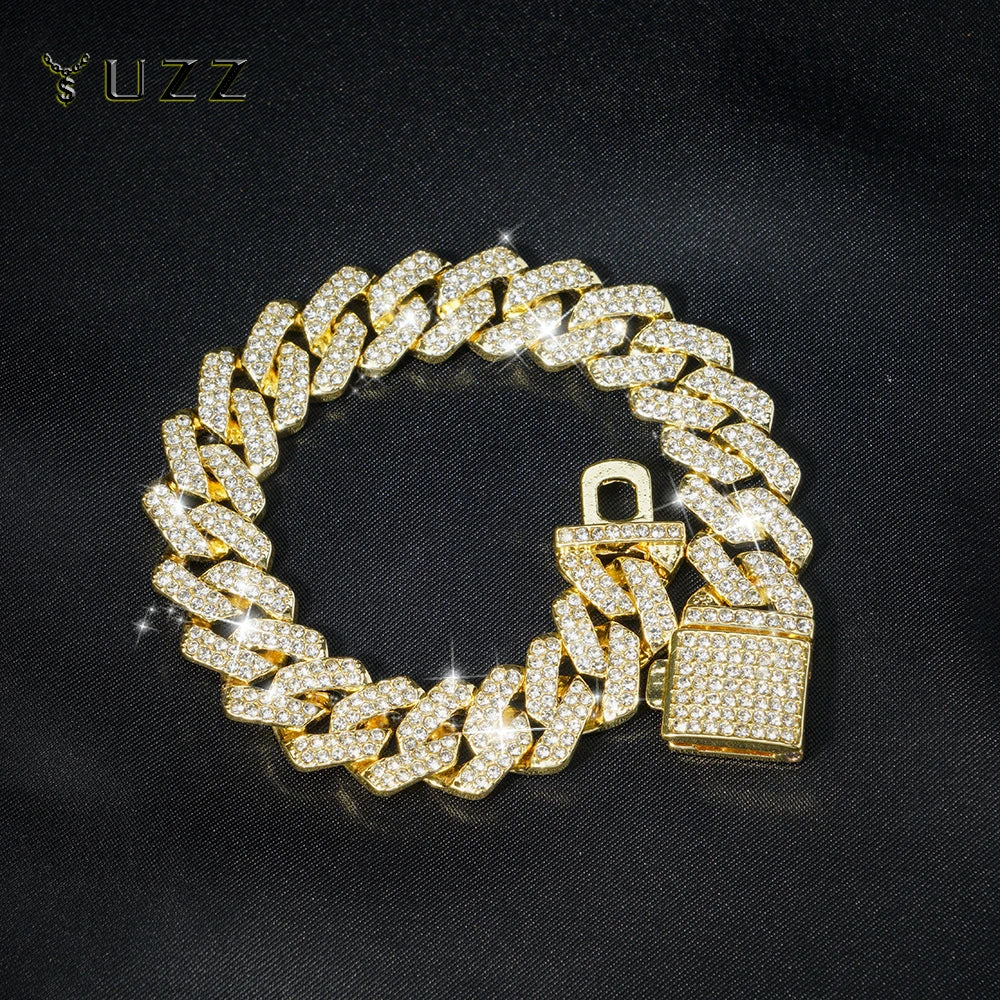 Hip Hop 15mm Cuban Link Chain Bracelet For Men Silver Color Iced Out Rhinestone Miami Bracelets Punk Women with Box Clasp Gift