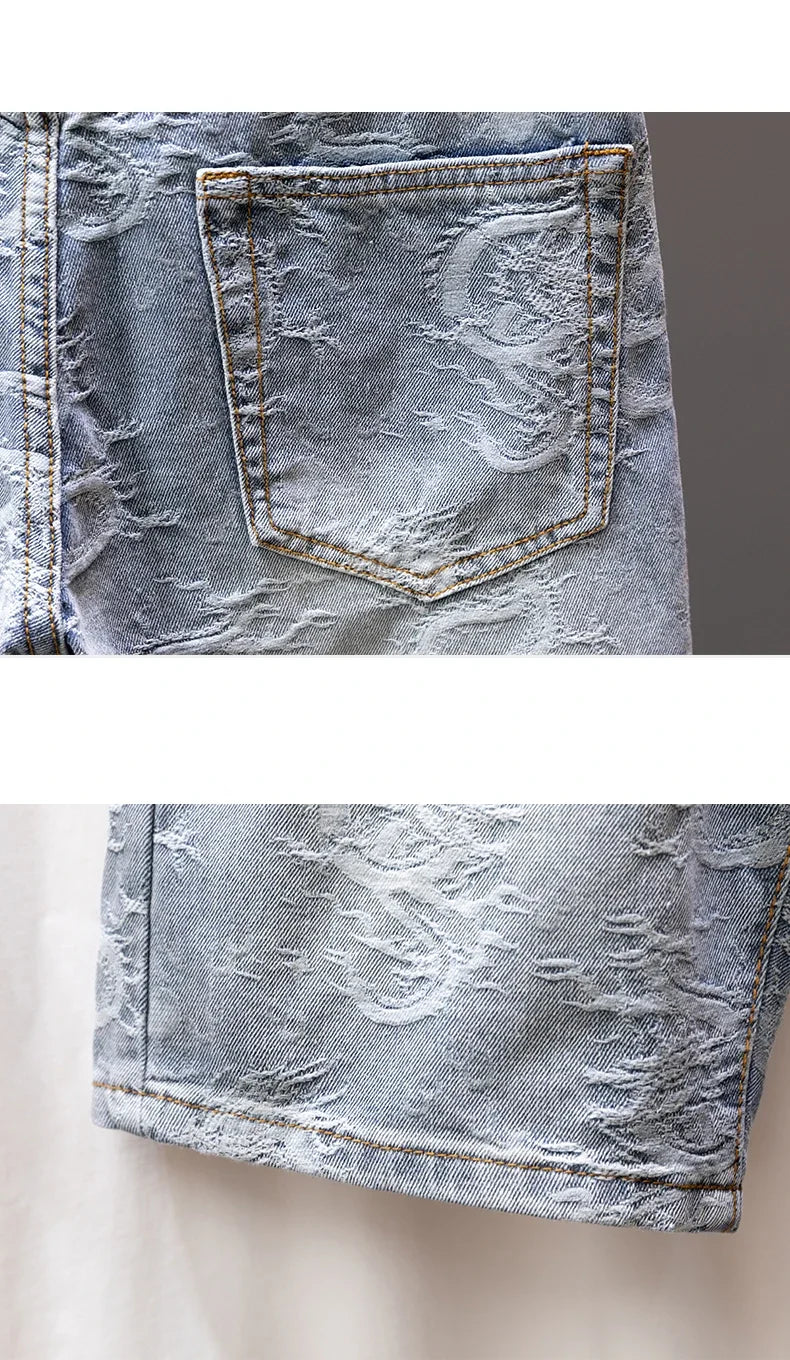 2024 Summer New Personality Dragon Print Stylish Straight Blue Denim Shorts Male Street Style Men's Straight Denim Shorts