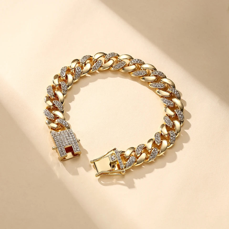 ZAKOL Hip Hop Cuban Chain Women Mens Bracelet Full Shiny Rhinestone Stone Miami Cuban Chain Bracelets Fashion Jewelry