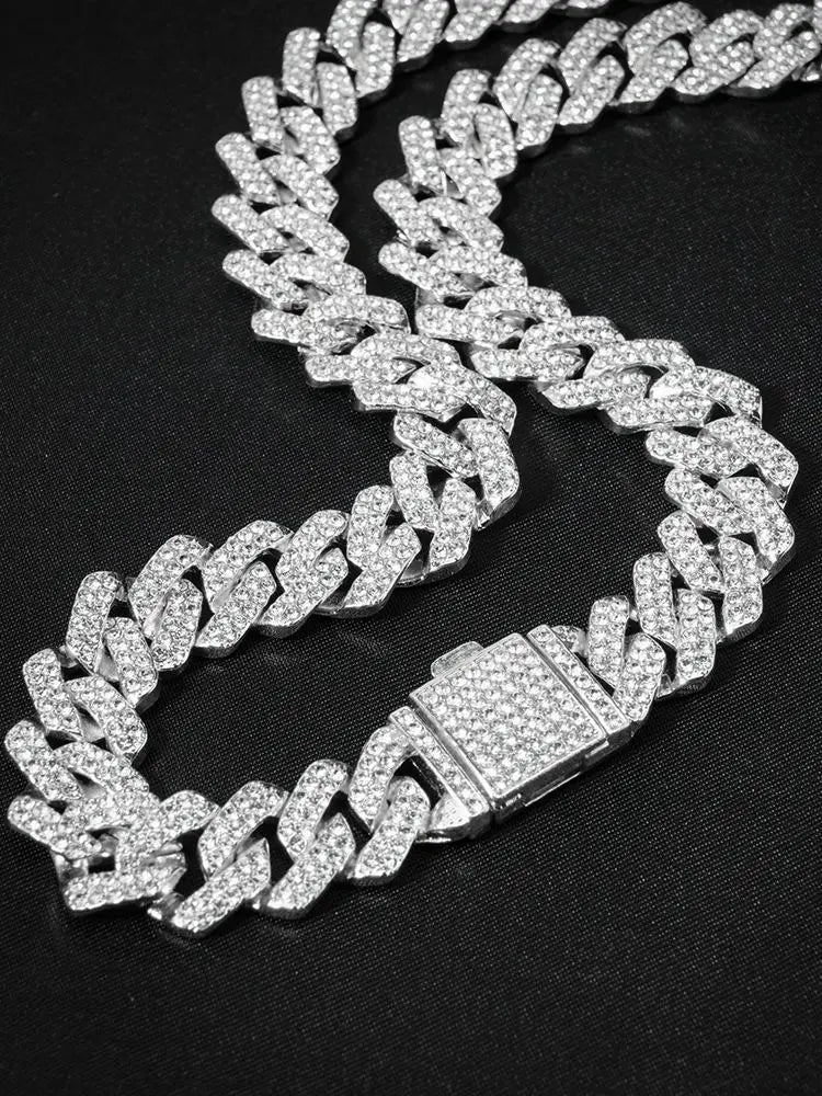 Hip Hop 15mm Cuban Link Chain Bracelet For Men Silver Color Iced Out Rhinestone Miami Bracelets Punk Women with Box Clasp Gift