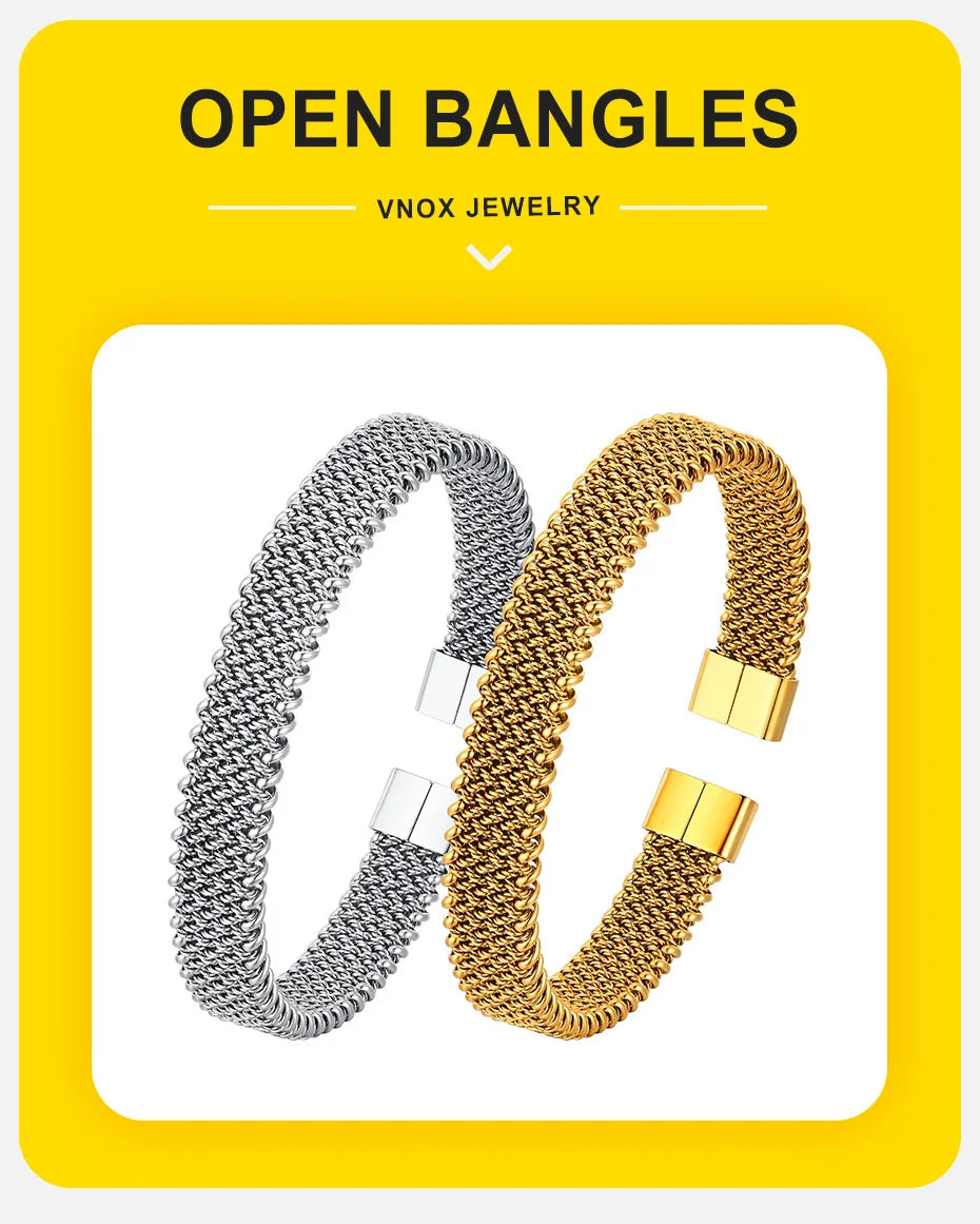 Vnox 10mm Woven Mesh Stainless Steel Open Bangle for Men Women,Vintage Adjustable Cuff Bracelets