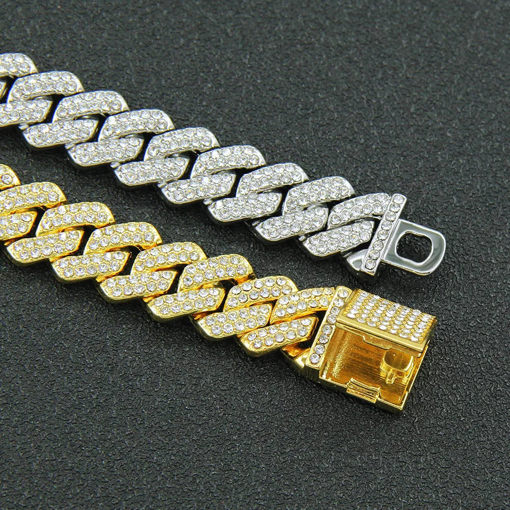14MM  2 Row Rhinestone Paved Miami Rhombus Cuban Chain Hip Hop Men Women  Prong Cuban Link Chain Bracelet Iced Out men Jewelry