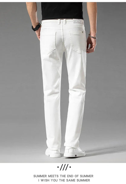 Summer New 98% Cotton Men's Casual Jeans White Classic Fashionable Stretch Straight Denim Trousers Black Brand Clothing Male