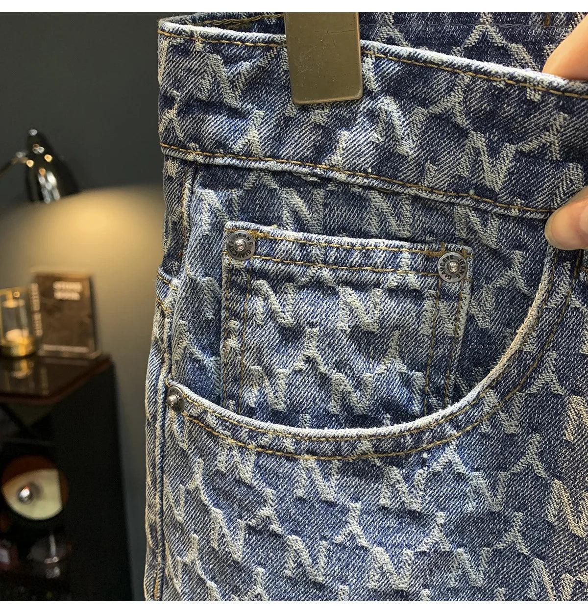 Jacquard denim shorts men's summer 2025 thin casual blue trendy brand loose design five quarter pants