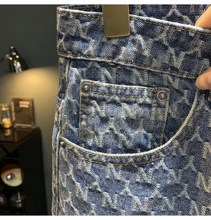 Jacquard denim shorts men's summer 2025 thin casual blue trendy brand loose design five quarter pants