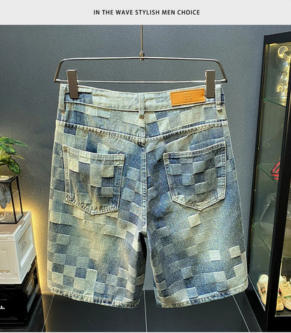 Fashionable high-end denim shorts for men's summer street trend mosaic embroidery print retro loose five quarter pants