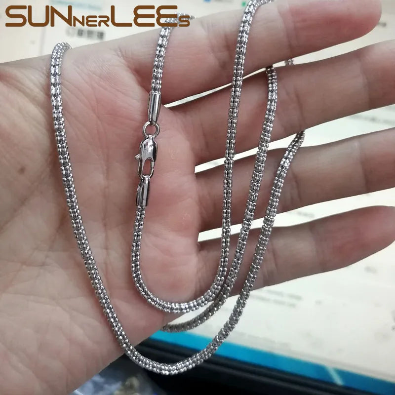 SUNNERLEES Fashion Jewelry White Rose Gold Plated Necklace 2.2mm Width 4 Lines Beads Link Chain Men Women Gift C80 N