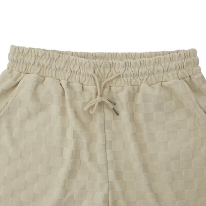 Men's Sports Suit Summer New Korean High Street Jacquard Plaid T-shirt Shorts Two-piece Set Male Casual Retro Loose O-neck Top