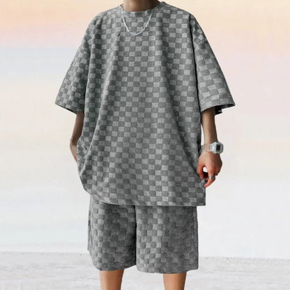 Men's Sports Suit Summer New Korean High Street Jacquard Plaid T-shirt Shorts Two-piece Set Male Casual Retro Loose O-neck Top