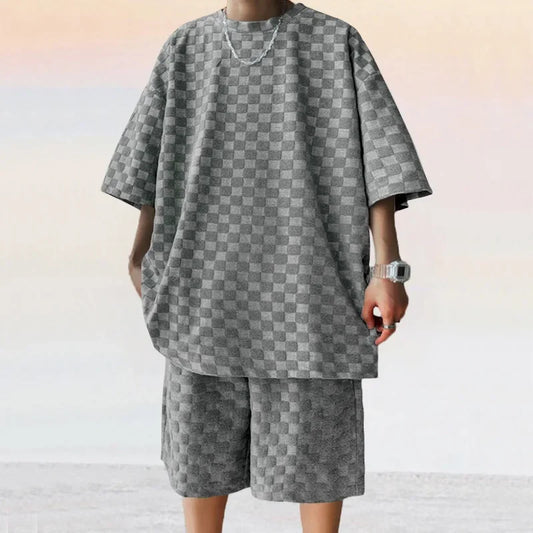 Men's Sports Suit Summer New Korean High Street Jacquard Plaid T-shirt Shorts Two-piece Set Male Casual Retro Loose O-neck Top
