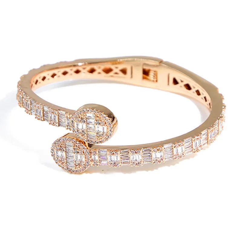 2025 New Iced Out Bling CZ Custom Opened Square Cubic Zircon Paved Hamsa Hand Charm Bracelet Bangle Hip Hop Sparking Jewelry