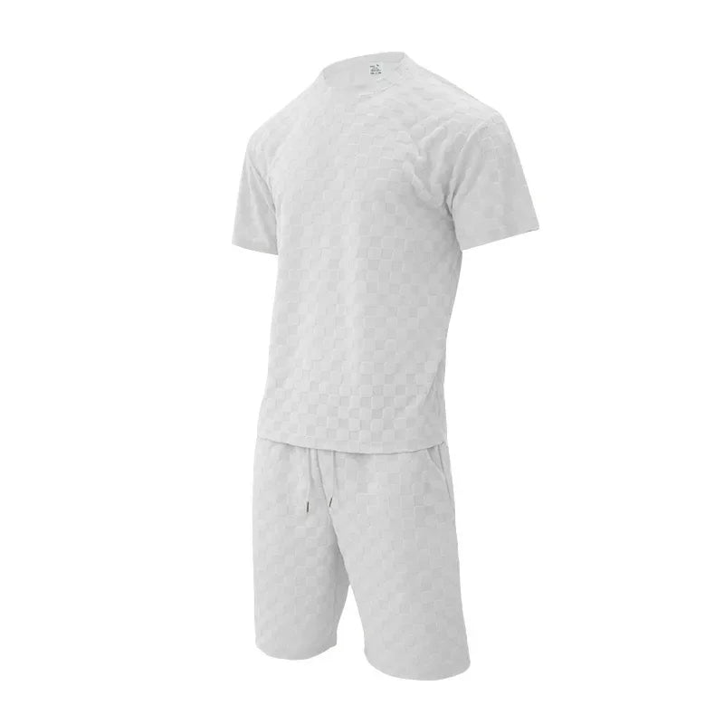 Men's Sports Suit Summer New Korean High Street Jacquard Plaid T-shirt Shorts Two-piece Set Male Casual Retro Loose O-neck Top