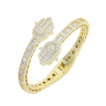 2025 New Iced Out Bling CZ Custom Opened Square Cubic Zircon Paved Hamsa Hand Charm Bracelet Bangle Hip Hop Sparking Jewelry