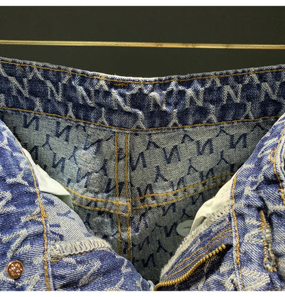 Jacquard denim shorts men's summer 2025 thin casual blue trendy brand loose design five quarter pants