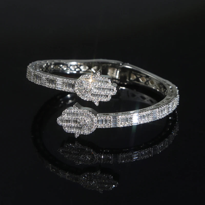 2025 New Iced Out Bling CZ Custom Opened Square Cubic Zircon Paved Hamsa Hand Charm Bracelet Bangle Hip Hop Sparking Jewelry