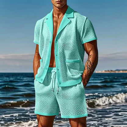 2024 Mesh Breathable Ice Cool Casual Suit Thin Men's Short Sleeve Shorts Two-piece Set