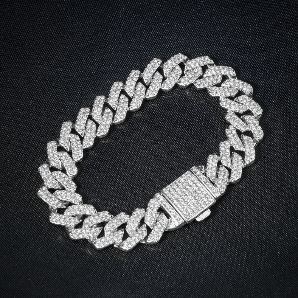 Hip Hop 15mm Cuban Link Chain Bracelet For Men Silver Color Iced Out Rhinestone Miami Bracelets Punk Women with Box Clasp Gift