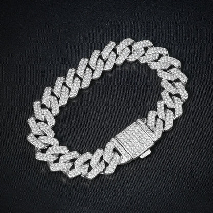 Hip Hop 15mm Cuban Link Chain Bracelet For Men Silver Color Iced Out Rhinestone Miami Bracelets Punk Women with Box Clasp Gift