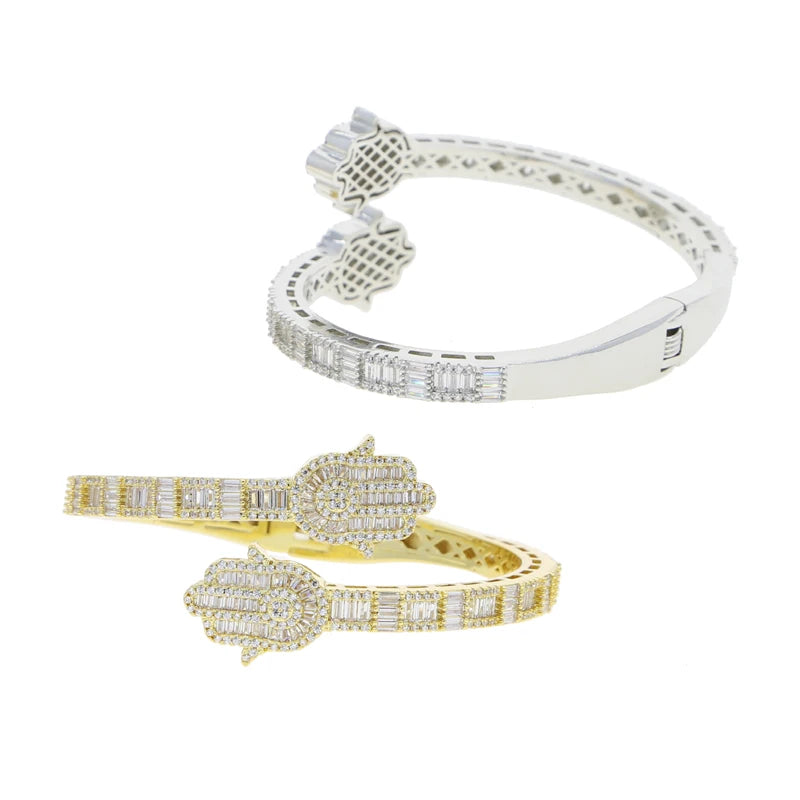 2025 New Iced Out Bling CZ Custom Opened Square Cubic Zircon Paved Hamsa Hand Charm Bracelet Bangle Hip Hop Sparking Jewelry