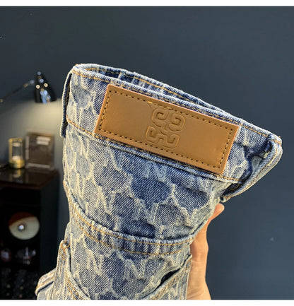 Jacquard denim shorts men's summer 2025 thin casual blue trendy brand loose design five quarter pants