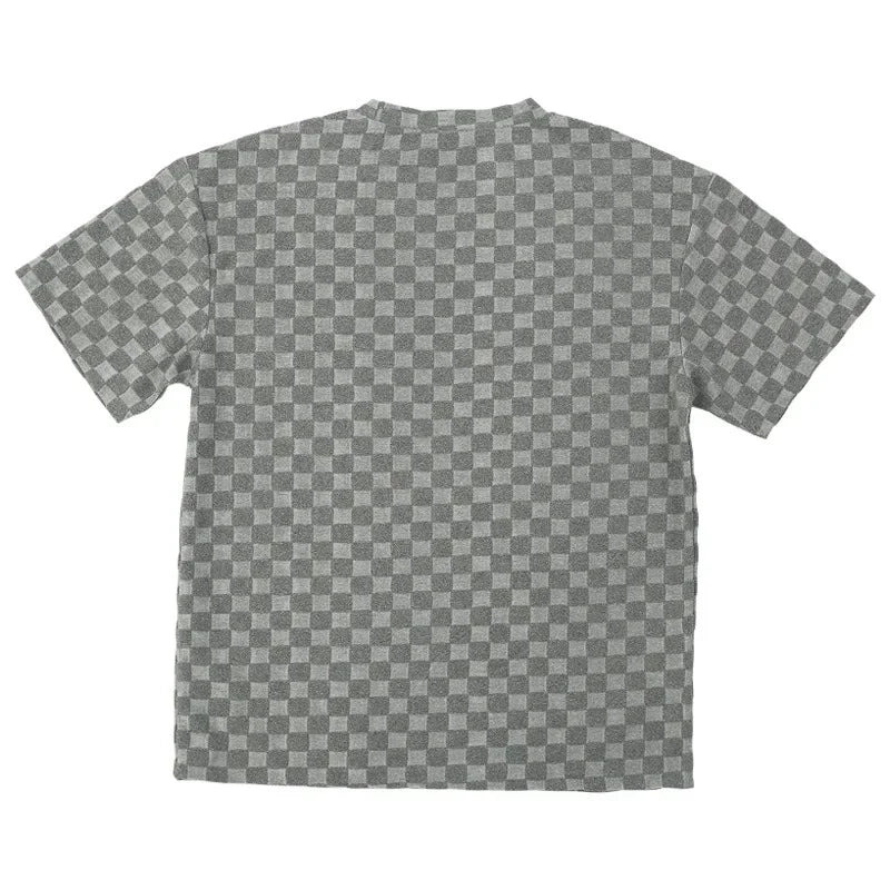Men's Sports Suit Summer New Korean High Street Jacquard Plaid T-shirt Shorts Two-piece Set Male Casual Retro Loose O-neck Top