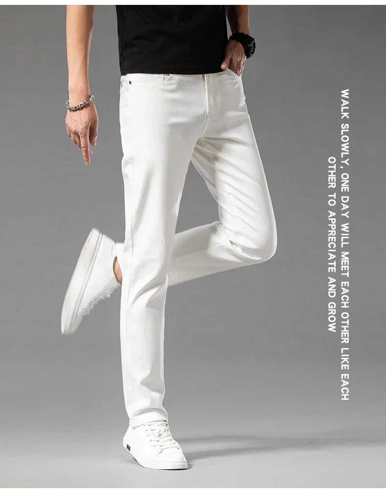 Summer New 98% Cotton Men's Casual Jeans White Classic Fashionable Stretch Straight Denim Trousers Black Brand Clothing Male