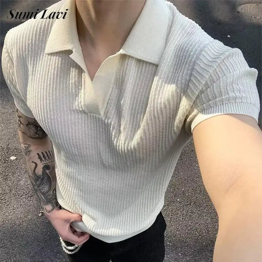 Vintage Turn-down Collar Men's Polo Shirts Slim Short Sleeve Ribbed Textured Polo Shirt 2025 Summer Fashion Solid Color Pullover