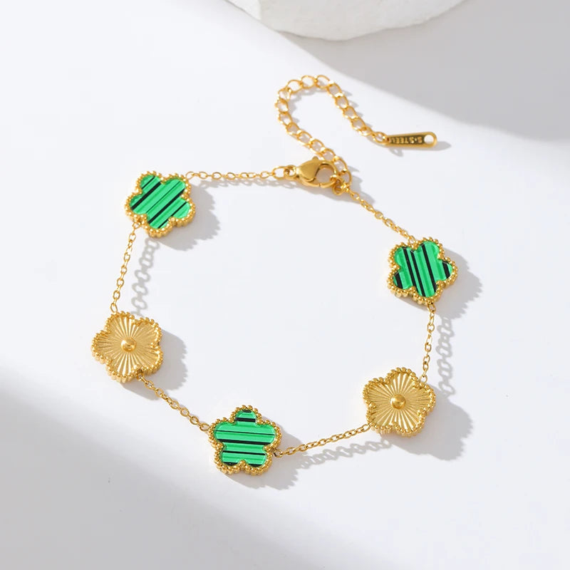 GANEMLY New Fashion Double Sided Green Five Leaf Flower Charm Bracelets For Women Girl Stainless Steel Clover Jewelry Gifts