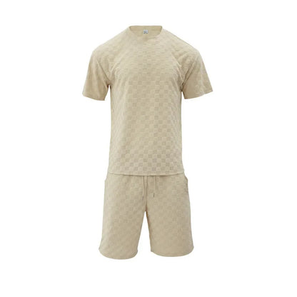 Men's Sports Suit Summer New Korean High Street Jacquard Plaid T-shirt Shorts Two-piece Set Male Casual Retro Loose O-neck Top