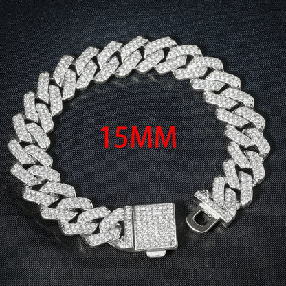 Hip Hop 15mm Cuban Link Chain Bracelet For Men Silver Color Iced Out Rhinestone Miami Bracelets Punk Women with Box Clasp Gift