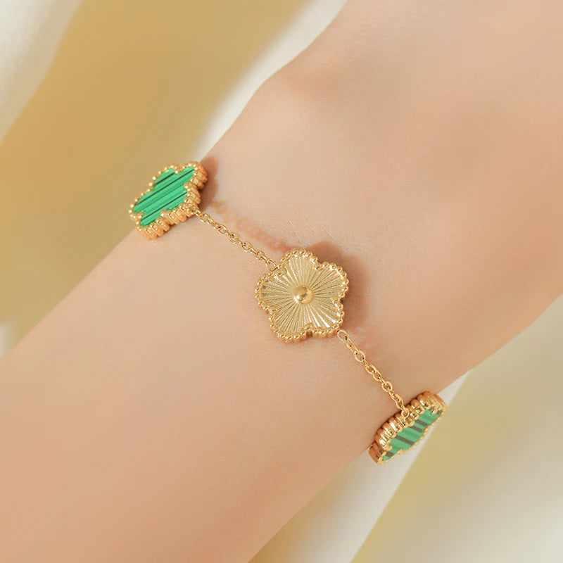 GANEMLY New Fashion Double Sided Green Five Leaf Flower Charm Bracelets For Women Girl Stainless Steel Clover Jewelry Gifts