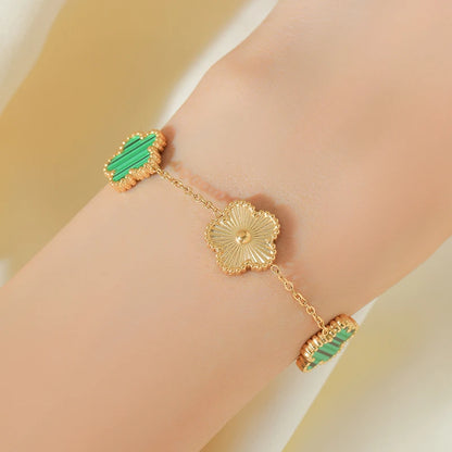 GANEMLY New Fashion Double Sided Green Five Leaf Flower Charm Bracelets For Women Girl Stainless Steel Clover Jewelry Gifts