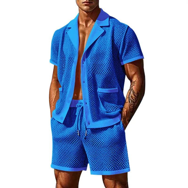 2024 Mesh Breathable Ice Cool Casual Suit Thin Men's Short Sleeve Shorts Two-piece Set