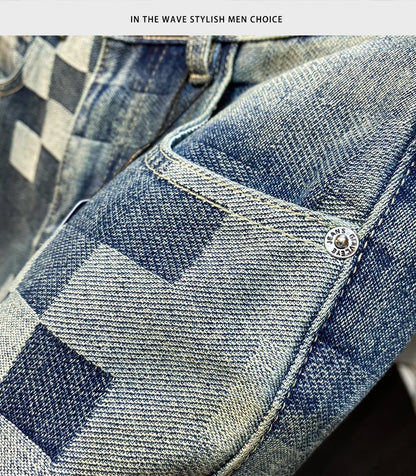 Fashionable high-end denim shorts for men's summer street trend mosaic embroidery print retro loose five quarter pants