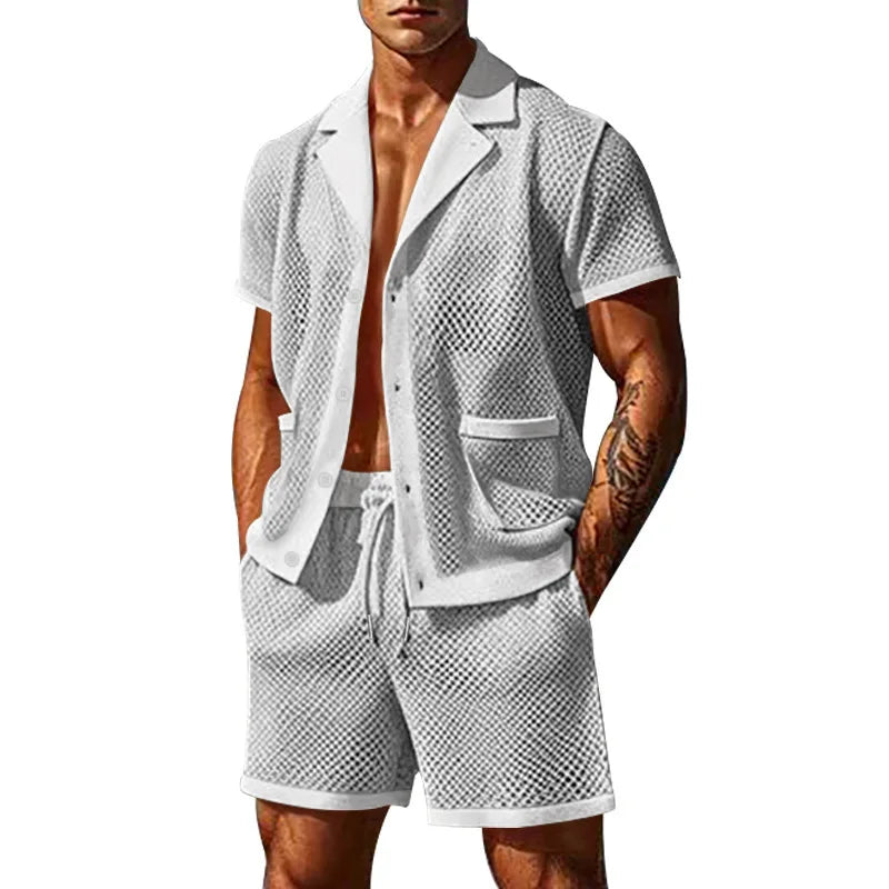 2024 Mesh Breathable Ice Cool Casual Suit Thin Men's Short Sleeve Shorts Two-piece Set