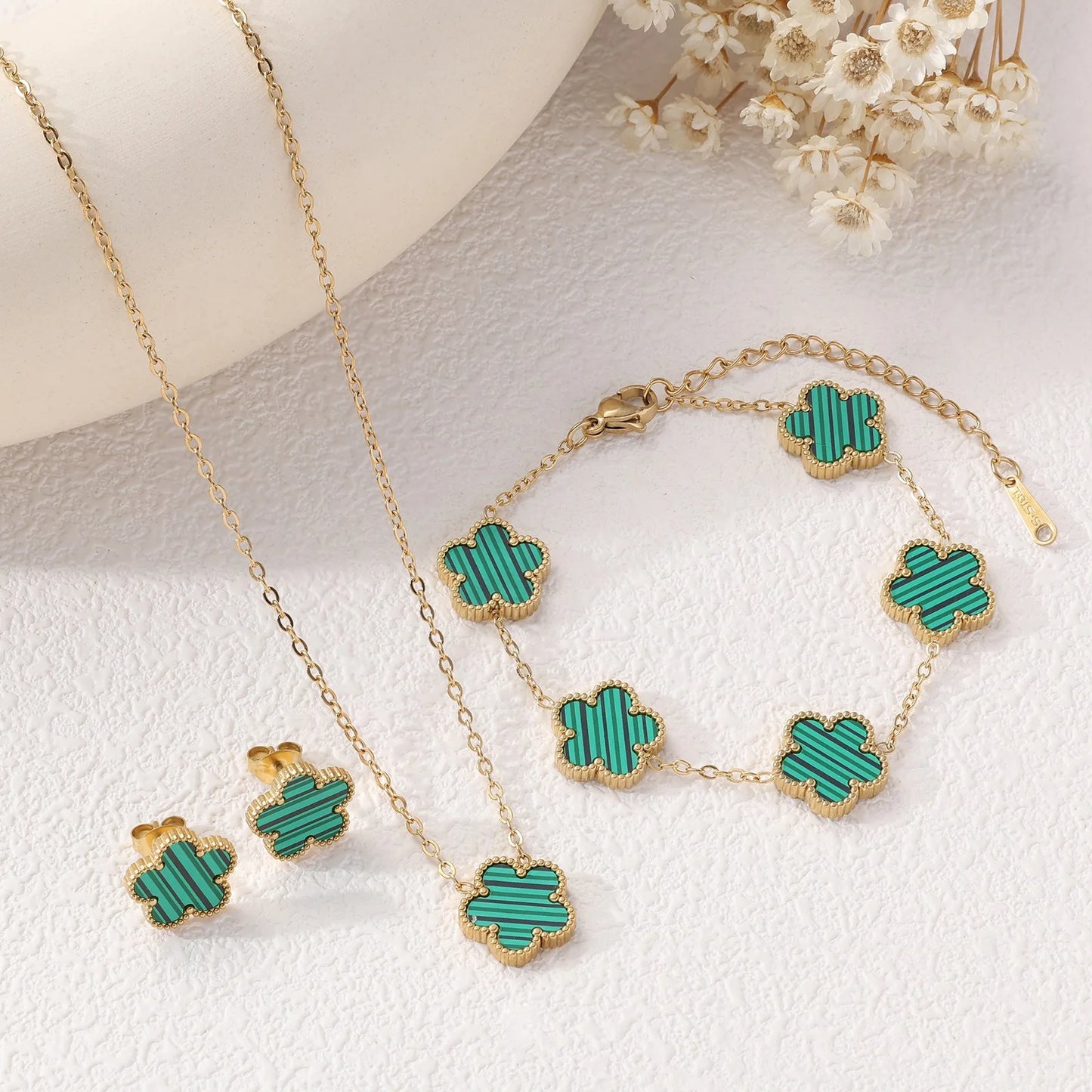 3Pcs Stainless Steel 316L Luxury Plum Blossom Plant Five Leaf Flower Necklace Earrings Bracelet For Women Gift Jewelry Sets