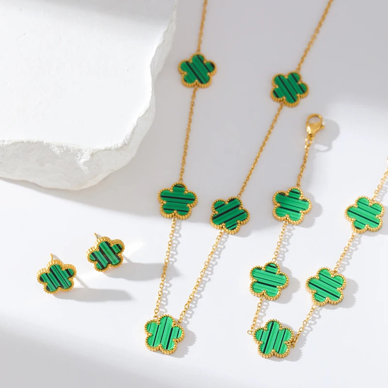 GANEMLY New Fashion Double Sided Green Five Leaf Flower Charm Bracelets For Women Girl Stainless Steel Clover Jewelry Gifts
