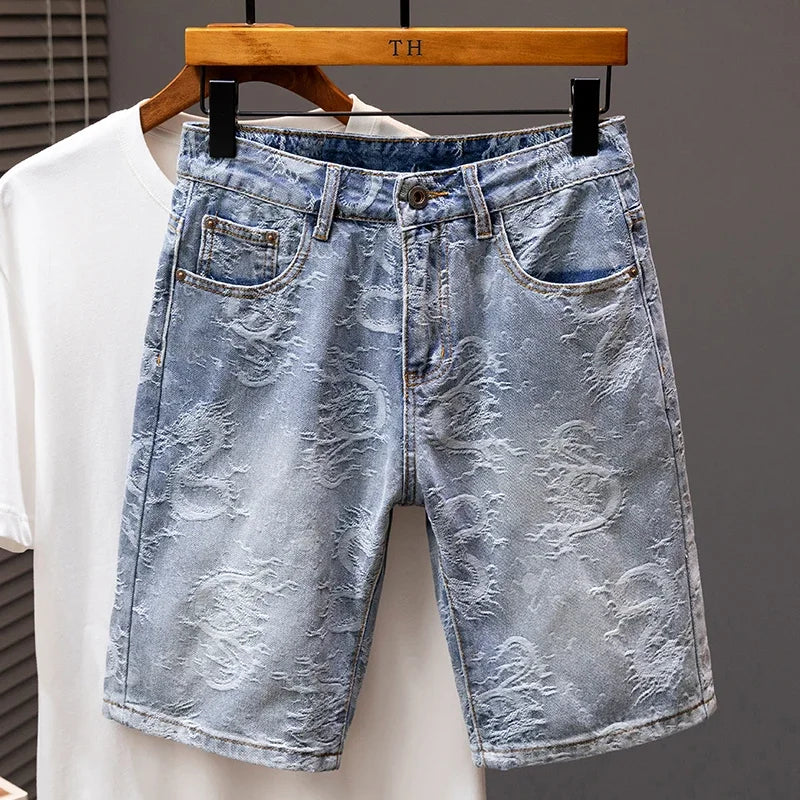 2024 Summer New Personality Dragon Print Stylish Straight Blue Denim Shorts Male Street Style Men's Straight Denim Shorts