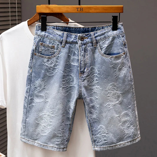 2024 Summer New Personality Dragon Print Stylish Straight Blue Denim Shorts Male Street Style Men's Straight Denim Shorts
