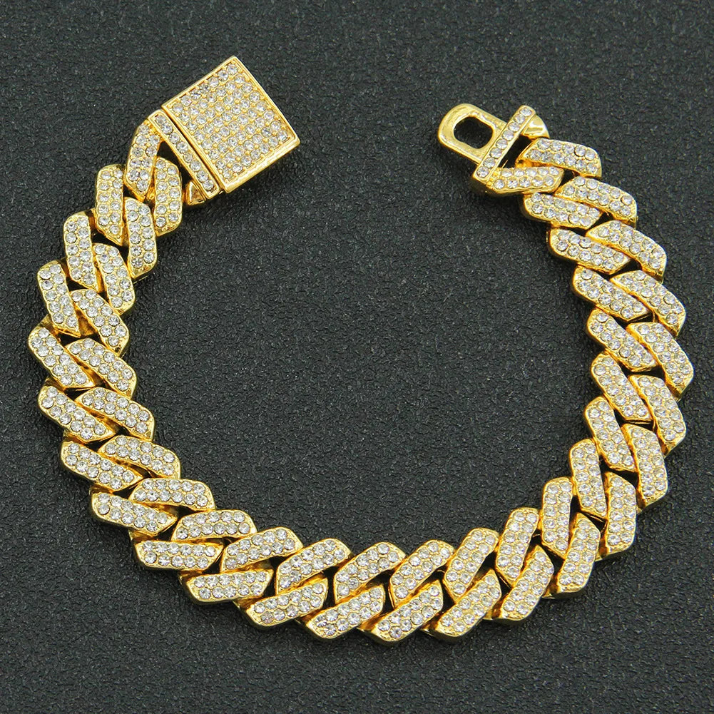 14MM  2 Row Rhinestone Paved Miami Rhombus Cuban Chain Hip Hop Men Women  Prong Cuban Link Chain Bracelet Iced Out men Jewelry
