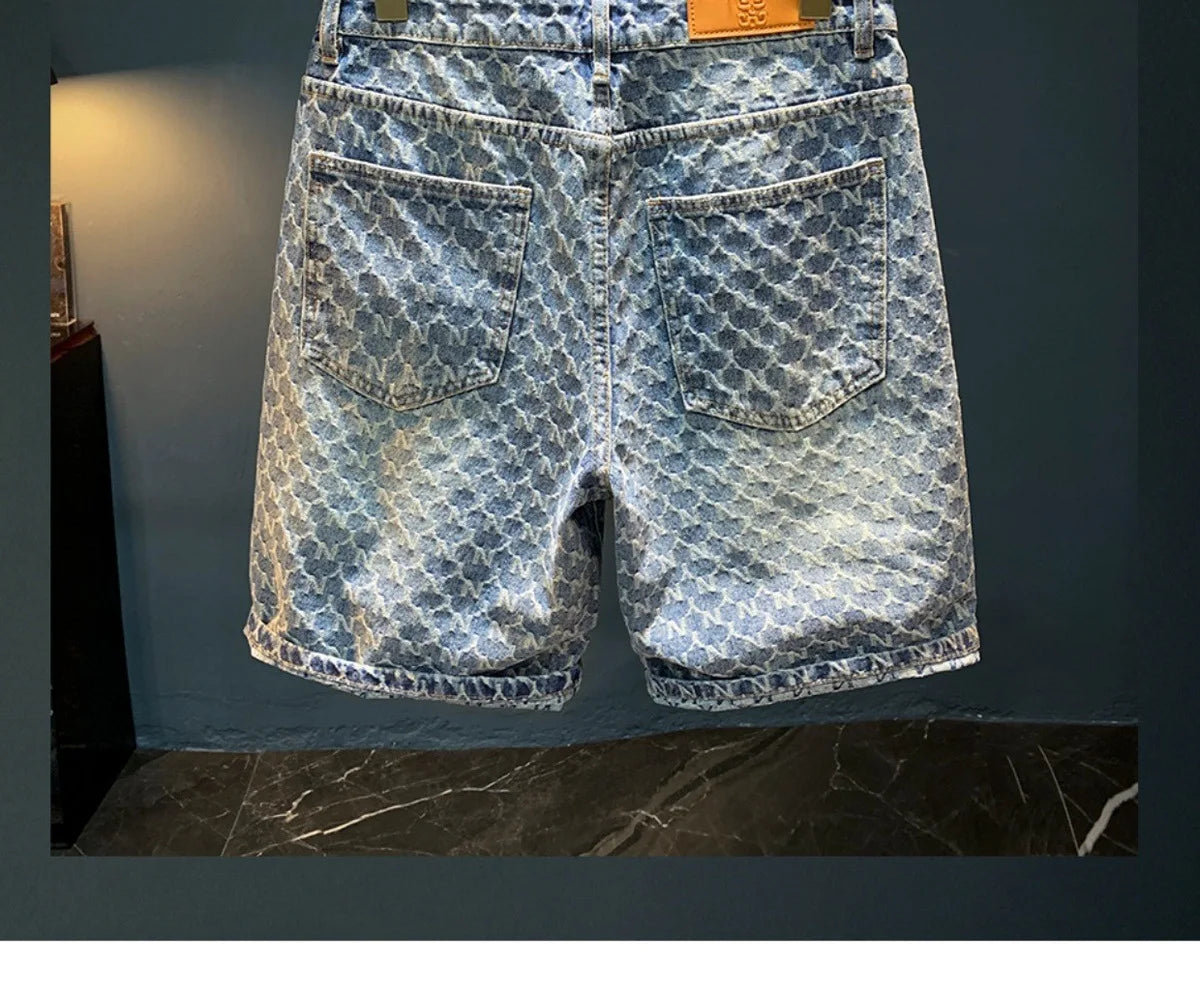 Jacquard denim shorts men's summer 2025 thin casual blue trendy brand loose design five quarter pants