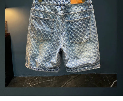 Jacquard denim shorts men's summer 2025 thin casual blue trendy brand loose design five quarter pants