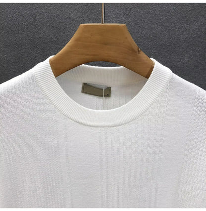 Pure White Floral Short Sleeve Men's Knitted Shirt Thin Base Layer Top Summer Trendy Brand Crew Neck Half Sleeve T-shirt