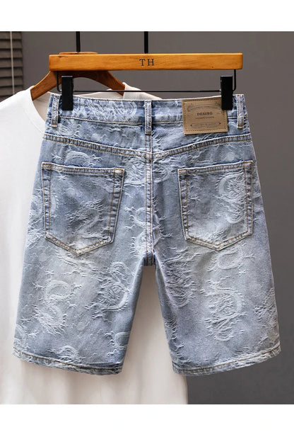 2024 Summer New Personality Dragon Print Stylish Straight Blue Denim Shorts Male Street Style Men's Straight Denim Shorts